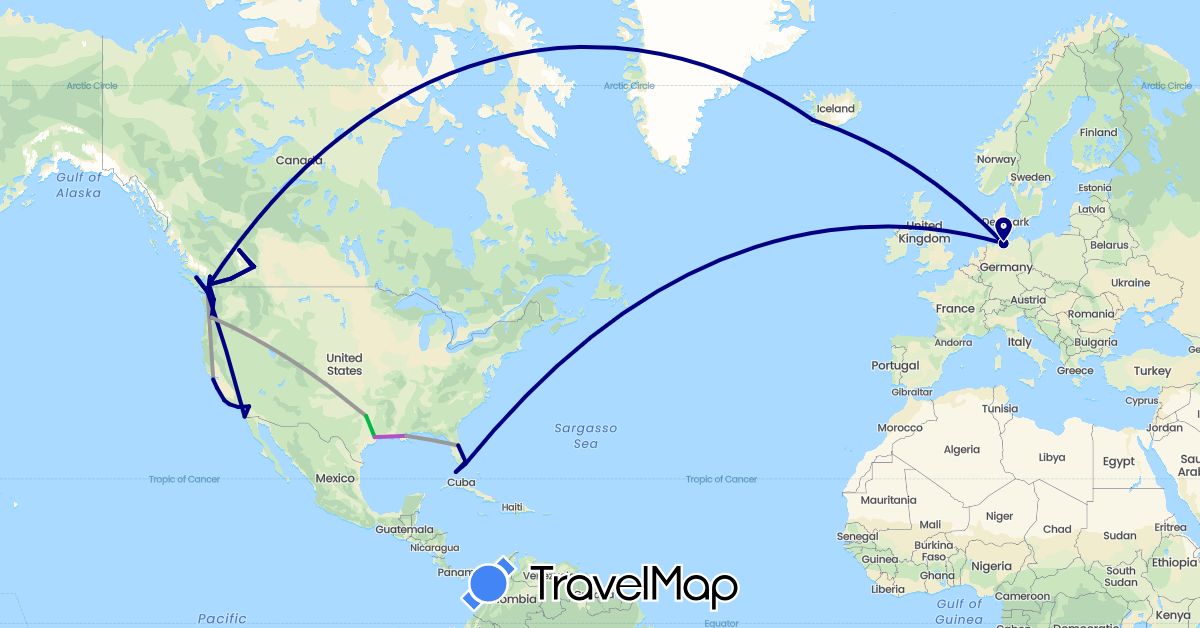 TravelMap itinerary: driving, bus, plane, train in Canada, Germany, Iceland, United States (Europe, North America)